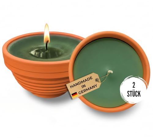 Lavalis 2x Flammschalen, 2 kleine Outdoor Kerzen aus recyceltem Wachs, 20h Brenndauer, 5cm Flammenhöhe, 11,5 cm Ø, Terrakotta-Schale, handbefüllt, wetterfest, für größere Feste, Hochzeit & Party