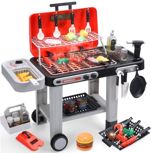 CUTE STONE BBQ Grillspielzeug für Kinder mit farbwechselndem Spielessen, brutzelnden Geräuschen & Lichteffekten, kühlem Sprühnebel Rollbarer Grill mit 2 Ebenen und Pfanne Küchenspielzeug Geschenkidee