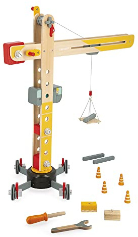 Janod - Großer Holzkran 74 cm - Rollenspielzeug - Konstruktionsspiel - 360° Drehbar und Mobil - 12 Zubehörteile inklusive - FSC-Zertifiziert - Ab 3 Jahre, J06468, Gelb