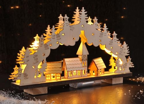bonsport Schwibbogen aus Holz - Lichterbogen für Weihnachten mit 9 warm-weißen LEDs, batteriebetrieben