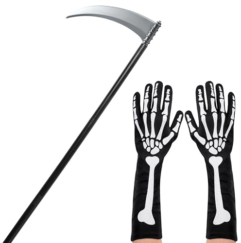 JOYIN halloween sense kinder Sensenmann Zubehör Set mit Sensenmann Sense und gruseligen Skeletthandschuhen, halloween kostüm sensenmann Sichel Waffe Requisite Kostüm für Party, 109cm