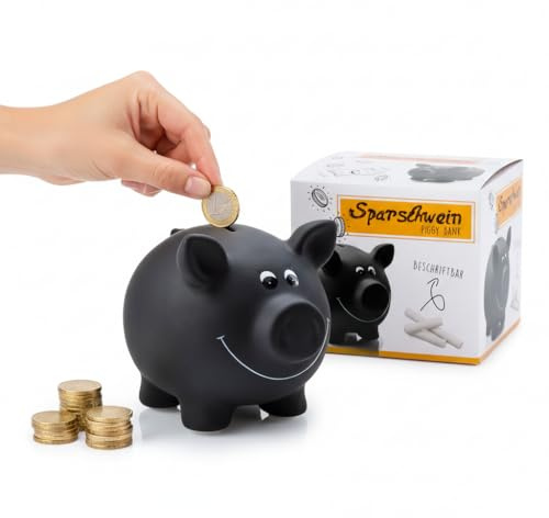 1x Sparschwein aus Keramik, Schwarz | Tafellack zum Beschriften inkl. Schloss & Schlüssel | Maße: ca. 17,5 x 13,5 x 14,4 cm | Geschenkidee für Sparfüchse jedes Alters