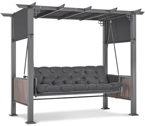 M MCombo 3-Sitzer Pergola Hollywoodschaukel mit Liegefunktion & Gartenpavillon, Gartenschaukel mit Ausziehbarem Sonnendach, 8CM Extradickem Sitzkissen & Silent-Haken, Schaukelbank 4067 (grau)
