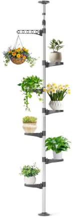 BAOYOUNI 7-Ebenen Teleskop Blumenregal Blumentreppe Pflanzenständer Indoor-Anlage Steht Federspannung Pole Metall Blume Display Rack Space Saver Corner Floral Topf Aufhänger Regal, Grau