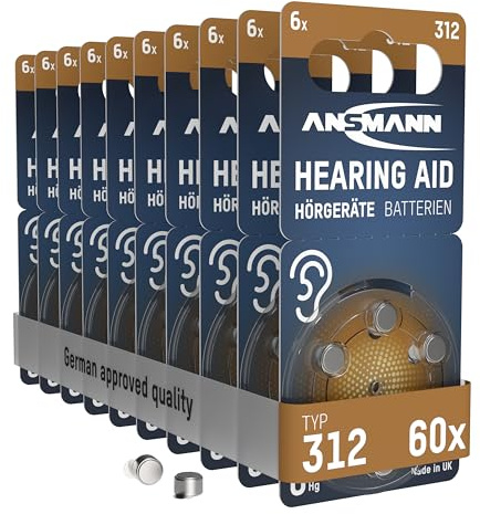 ANSMANN Hörgerätebatterien 312, 60 Stück, Batterien Typ 312 P312 ZL3 PR41, braun, Zink-Luft, Sparpack, Batterien für Hörgeräte & Hörhilfen, 1,45V, Hearing Aid Batteries 312, leicht greifbar