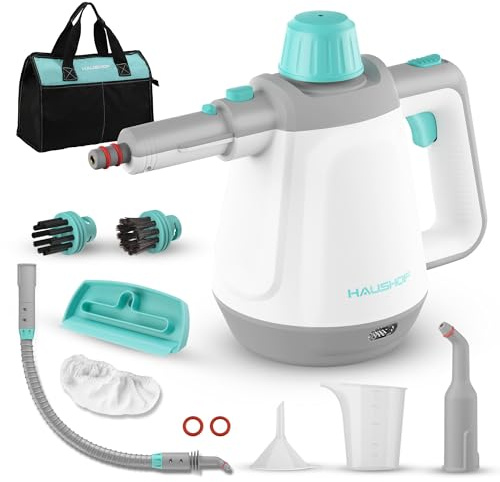 HAUSHOF Dampfreiniger Handgerät 450ml, 1200W Hand Dampfreiniger | für alles mit 8 Zubehör, 3,0 bar Dampfdruck zum Erweichen von Schmutz und Fett von Böden, Fenstern, Küchen, Toiletten, Auto
