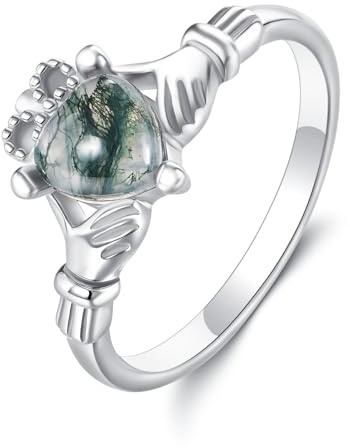 ONEFINITY Claddagh Ring aus 925er Sterlingsilber Irischer Claddagh Ring mit Herz Moosachat Irischer Schmuck für Frauen