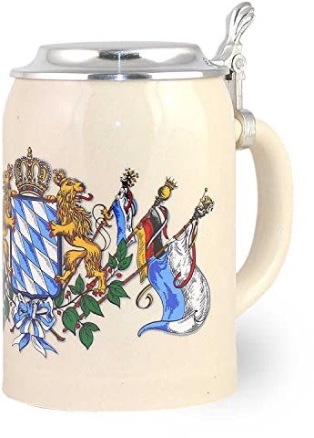 Bavariashop Steinkrug mit Deckel 0,5 L, Bierkrug mit Zinndeckel & Wappen | Stein-Bierkrug Bayern mit klappbarem Zinndeckel, Rautenwappen, Krone und Löwen – Halbe, Geschenk für Männer