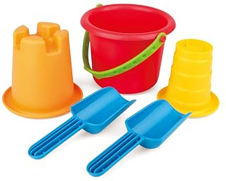 Hape 5-in-1 Strandset Sandspielzeug - mit 2 Schaufeln, Eimer, Sieb und Förmchen, Sandspielzeug, Outdoor Sandkasten- und Strandspielzeug, für Kinder ab 18 Monaten