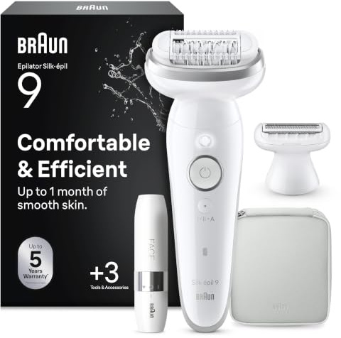 Braun Silk-épil 9 Epilierer Damen, Haarentferner für Langanhaltende Haarentfernung, Facespa Gesichtshaarentferner, Ladyshaver, Wasserdicht — Inkl. Rasieraufsatz und Trimmeraufsatz — 9-341, Weiß/Silber
