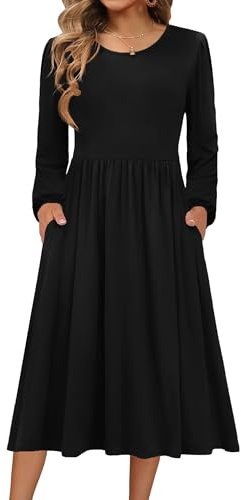Zeagoo Strickkleid Damen Kleid Langarm Herbstkleid Elegant A-Linie Winter Kleider Rundhals Lockeres MidiKleid Tunikakleid mit Taschen Schwarz L