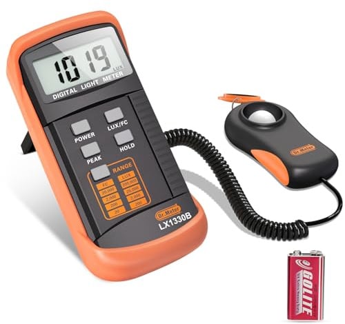 Dr.meter LX1330B Digital Luxmeter, 0-200.000 Messbereich Luxmeter mit 360° Drehbarem Sensor Beleuchtungsintensität Helligkeitsmessung für Innen und Außen, Lichtmessgeräte für Pflanzen