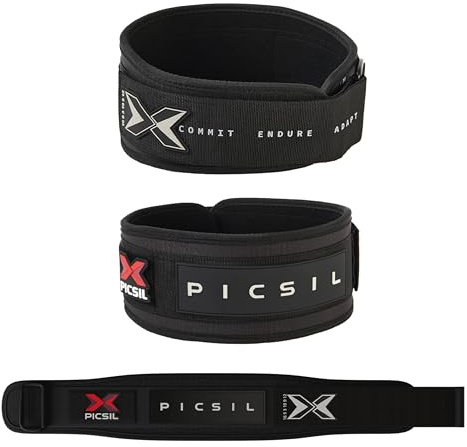 PICSIL Gewichthebergürtel, Lendenwirbelstütze, Hervorragend für Squats, Clean, Lunges, Deadlift, Anpassbarer Gürtel mit Platz für Patches, Komfortable Taille (XL, Schwarz)