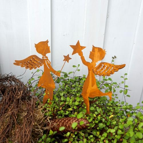 Storm's Gartenzaubereien Gartenstecker Engel Figur 2er Set zum Stecken mit Stern in Rostoptik 14cm
