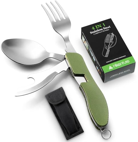 Hikenture Outdoor Besteck 4-In-1 Campingbesteck Messer Gabel Löffel Flaschenöffner Set aus Edelstahl mit Gürteltasche - Klappbesteck für Camping und Outdoor (Grün)
