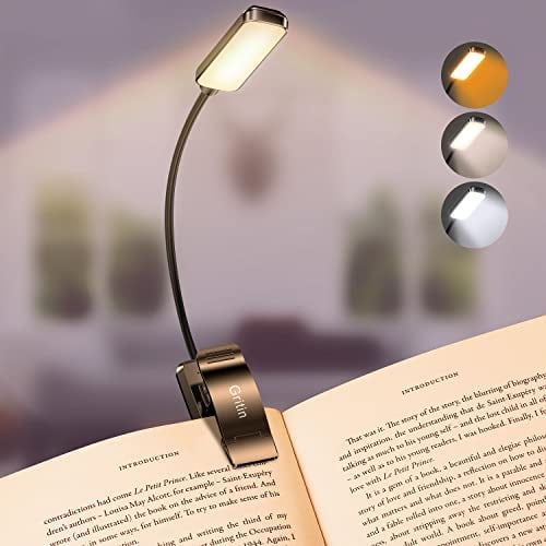Gritin Leselampe Buch Klemme, Stufenlos Dimmbar Buchlampe | 3 Farbtemperatur Modi, USB Wiederaufladbare Klemmleuchte, 360° Flexibel Klemmlampe für Nachtlesen ins Bett, beim Reisen usw.
