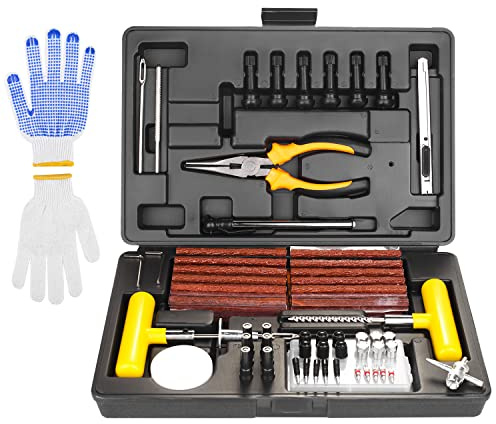SHYOSUCCE Reifen Reparaturset, 100 TLG. Autoreifen mit Reifendruckmesser, Handschuhe und 35 Zubehör, Flickset für Autos, Fahrräder, Motorrad, Traktor, Lastwagen