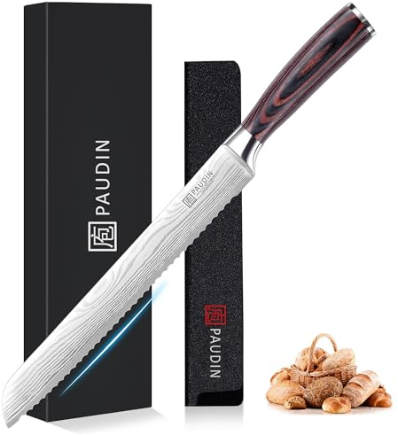 PAUDIN Brotmesser mit Wellenschliff 26 cm aus hochwertigem rostfreiem Edelstahl, extra scharfe Messerklinge mit ergonomischem Pakkaholzgriff