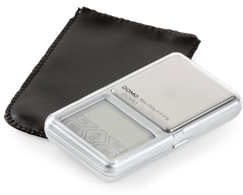 DOMO DO9096W Feinwaage - 0.01g/200g - Touchscreen mit Hintergrundbeleuchtung - Professionelle Milligramm Waage - Taschenwaage, Laborwaage, Goldwaage, Briefwaage, MG Waage - Inkl Etui
