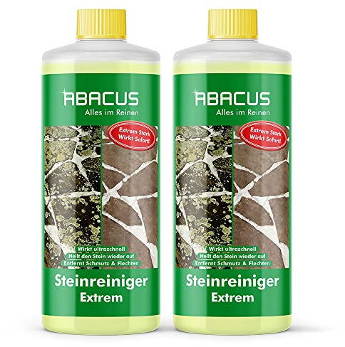 ABACUS® Steinreiniger Extrem, intensiver Steinreiniger für außen mit Sofortwirkung, entfernt sofort Schmutz, Grünbelag, Flechten & Algen auf Steinen in Minuten, Steinreiniger Intensiv außen 2x 1000ml