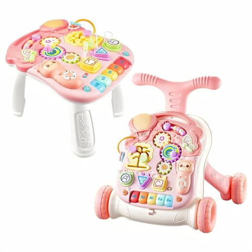 HOMCENT Lauflernhilfe für Mädchen, Laufhilfe Baby, Verstellbarer Baby Speed Walker Schiebe Walker, Früherziehungs Aktivitätszentrum im Sitzen und Stehen, Rosa