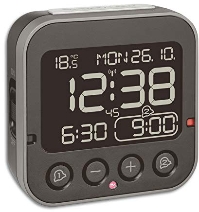 TFA Dostmann Bingo 2.0 digitaler Funk-Wecker, 60.2552.01, invertiertes Display, 2 Weckalarme, Datum + Wochentag, inkl Thermometer, mit Licht, ohne Ticken, Funkuhr, L 95 x B 41 x H 96 mm, schwarz