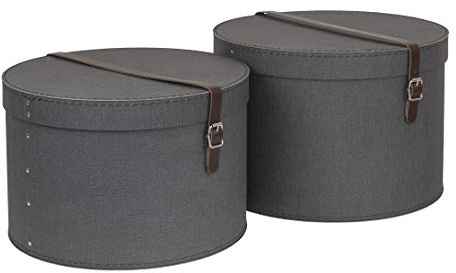 Bigso Box of Sweden 2er Set Aufbewahrungsboxen - Runde Aufbewahrungsbox mit Lederriemen - Große und kleine Hutbox Duo aus Faserplatte und Papier in Leinenoptik - Schwarz