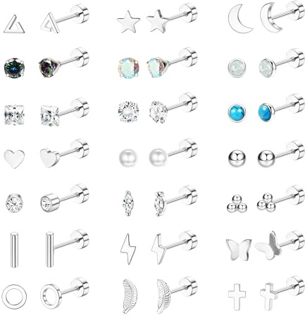 Diamday 21Paar Ohrstecker Chirurgenstahl Piercing Ohr Damen Herren Ohrringe Set Medizinische Ohrstecker Flatback Ohrringe Hypoallergen HelixTragus Knorpel Ohrringe Edelstahl Damen Ohrpiercing