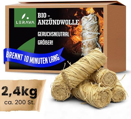 LERAVA® Anzündwolle (2,4kg ca. 200 Stück) Natur Kaminanzünder & Grillanzünder - Ofenanzünder aus Holzwolle - Perfekter Anzünder für Kamin, Grill & Ofen - Umweltfreundliche Feueranzünder, Holzanzünder