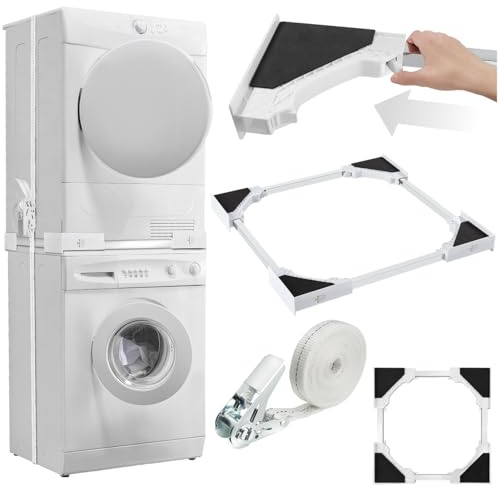 tectake® Verbindungsrahmen für Waschturm aus Waschmaschine und Trockner, 46–66 cm, Universal-Stapelbausatz mit Ratschenseil, Waschmaschine Trockner Verbindung, Zwischenbaurahmen Trockner Waschmaschine