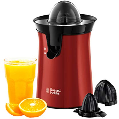 Russell Hobbs Orangenpresse & Zitruspresse elektrisch [links-& rechtsrotierend, 2 Presskegel für Zitronen/Orangen] Rot (Tropf-Stopp-Funktion, spülmaschinenfest, BPA-frei) Saftpresse 26010-56