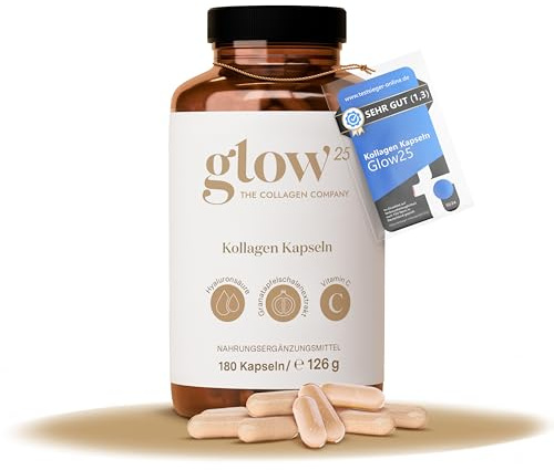 Glow25® Kollagen Kapseln hochdosiert [180 Kapseln] mit Hyaluronsäure und Vitamin C | Premium Collagen Complex | Laborgeprüft