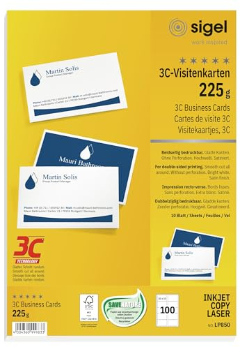SIGEL LP850 Visitenkarten 3C, 100 Stück (10 Blatt), beidseitig bedruckbar, hochweiß, glatter Schnitt rundum, 225 g, 85x55 mm