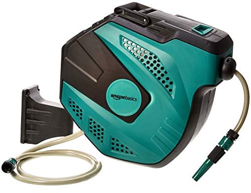 Amazon Basics Schlauchtrommel zur Wandmontage, Automatische Aufrollung, 25m Schlauch, 180-Grad-Drehgelenk, Schlauchbox mit Sprühkopf