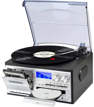JORLAI Vintage Record Player 3 Geschwindigkeiten Plattenspieler mit Fernbedienung, Vinyl Bluetooth mit eingebauten Lautsprechern CD/Kassette AM/FM Radio USB/SD/MMC 3.5mm Aux-in/RCA-Out, Schwarz