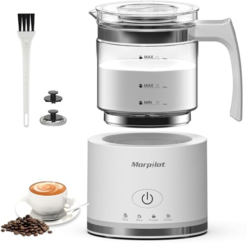 Morpilot Milchaufschäumer Elektrisch, 500ml 600W, 4 in 1 Milchschäumer für Heißer und Kalter, Spülmaschinenfest, Visuelles Glas, Latte-Design, Weiß