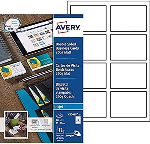 Avery Zweckform C32015-25 Premium Visitenkarten, blanko (200 Stück, 260g, 85x54 mm, beidseitig bedruckbar, matt weiß, absolut glatte Kanten, 25 Blatt) zum Selbstbedrucken auf Inkjet-Druckern