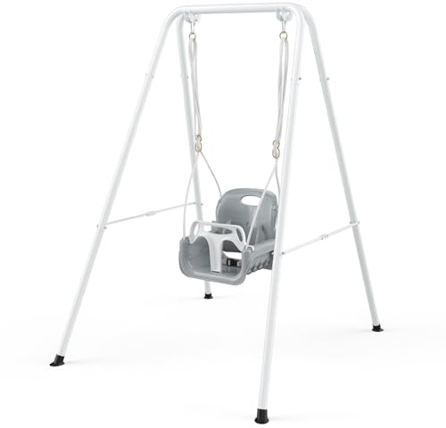 nmoiww Babyschaukel mit Gestell 2-in-1, Kinderschaukel mit Metallständer Schaukelgestell, Sicherheitsgurt Schaukelsitz für drinnen und draußen Spielen (Weiß)