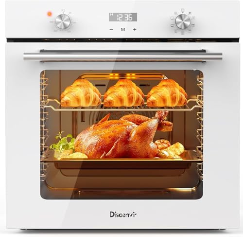 Disaenvir Backofen 60L mit Stecker, Einbaubackofen 9 Funktionen | Timer, 3D Heißluft Backen, Drehknopfsteuerung, Freistehend, Grill und Emailliertem Backblech, Weiß, 2200W