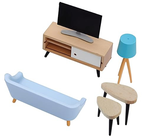 Miniatur Modellbau Zubehör, 6 Stück Puppenmöbel Wohnzimmer, Miniatur-TV mit Schrank, Mini-Möbel Spielzeug, Tischlampe, Sofa, Couchtisch, Für den Aufbau von Szenen