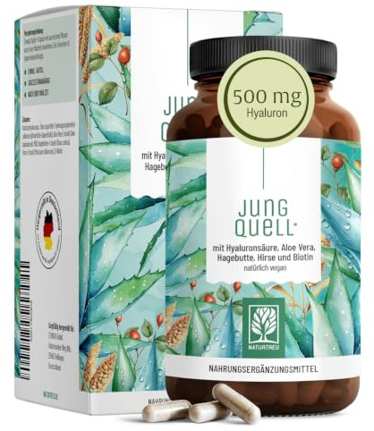 NATURTREU® Hyaluron Kapseln mit 500 mg Hyaluronsäure hochdosiert | mit Aloe Vera, Biotin & Vitamin C - 90 Kapseln für Haut* und Gelenke** - Natürlich und vegan