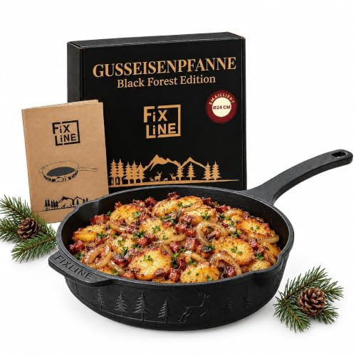 FIXLINE® BLACK FOREST Gusseisenpfanne 24cm - Induktion und alle Herdarten - Emailliert für kein Rost und kein einbrennen notwendig - Inklusive Schwarzwald Rezeptbuch - edle Geschenkverpackung