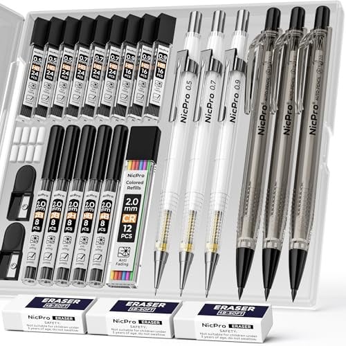 Nicpro 6 Stück Druckbleistift Set mit Etui, Zeichenstiften in den Stärken 0,5, 0,7 0,9 mm und 3 Stück 2mm Minenhaltern (Farben 4B, 2B, HB, 2H) für künstlerisches Schreiben, Skizzieren und Zeichnen