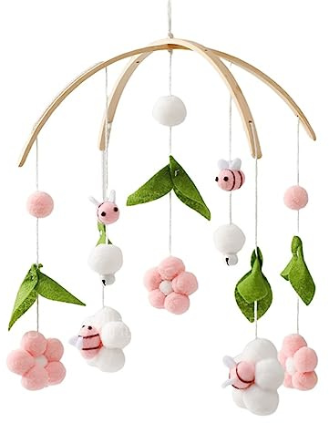 Herfair Mobile Baby Windspiele mit Filzbällen - Frische Blumen und Bienen, Kinderzimmer Hängende Bettglocke, für Babybett Wickeltisch Deko (Rosa)