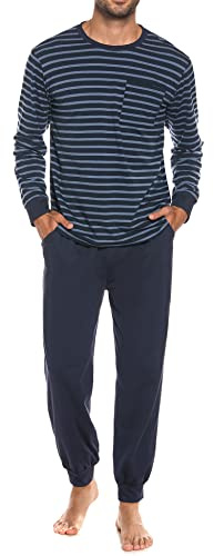 Sykooria Herren Schlafanzug lang mit Bündchen aus Baumwolle Zweiteiliger Pyjama Herren lang, Langarm Shirt & Schlafanzughose, Blau 3XL