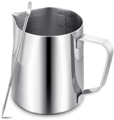 Milchkännchen für Kaffeemaschine – 600 ml/20 fl.oz Milchkanne aus Edelstahl 304 mit Stift,Barista-Zubehör aus Metall für Cappuccino,Latte und Espresso,Spülmaschinenfest