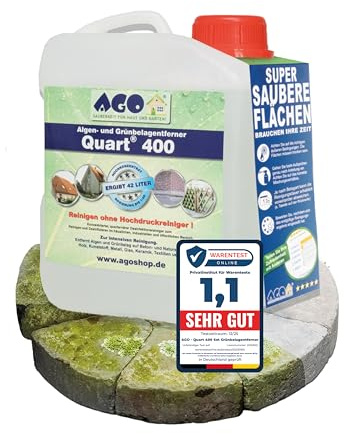 AGO Quart 400 Grünbelagentferner 2 Liter - chlor- und säurefrei / 400 qm Algen und Grünbelag Entferner/Steinreiniger/Terrassenreiniger/Grünspan Entferner/Naturstein Reiniger