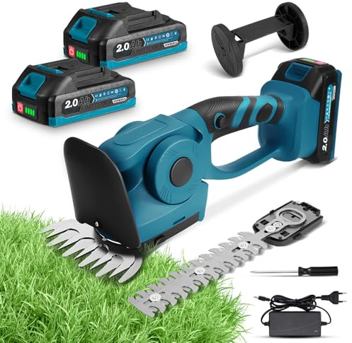 Yofidra Heckenschere & Grasschere, Elektrische Grasschere mit 2 x Messern, 21V Rasentrimmer mit Akku 2 in 1 Heckenschere Elektrische 90° Verstellbarer Kopf 130mm & 220mm für Garten und Hecken