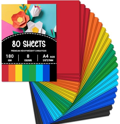 Tonpapier A4 Bunt 80 Blatt, 180 g/m² Bastelpapier Bunt, 8 Farben Tonkarton | 8 verschiedene Farben