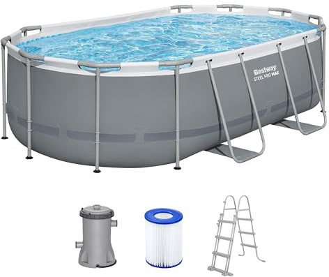 Bestway Power Steel Frame Pool Set mit Filterpumpe 427 x 250 x 100 cm, grau, oval